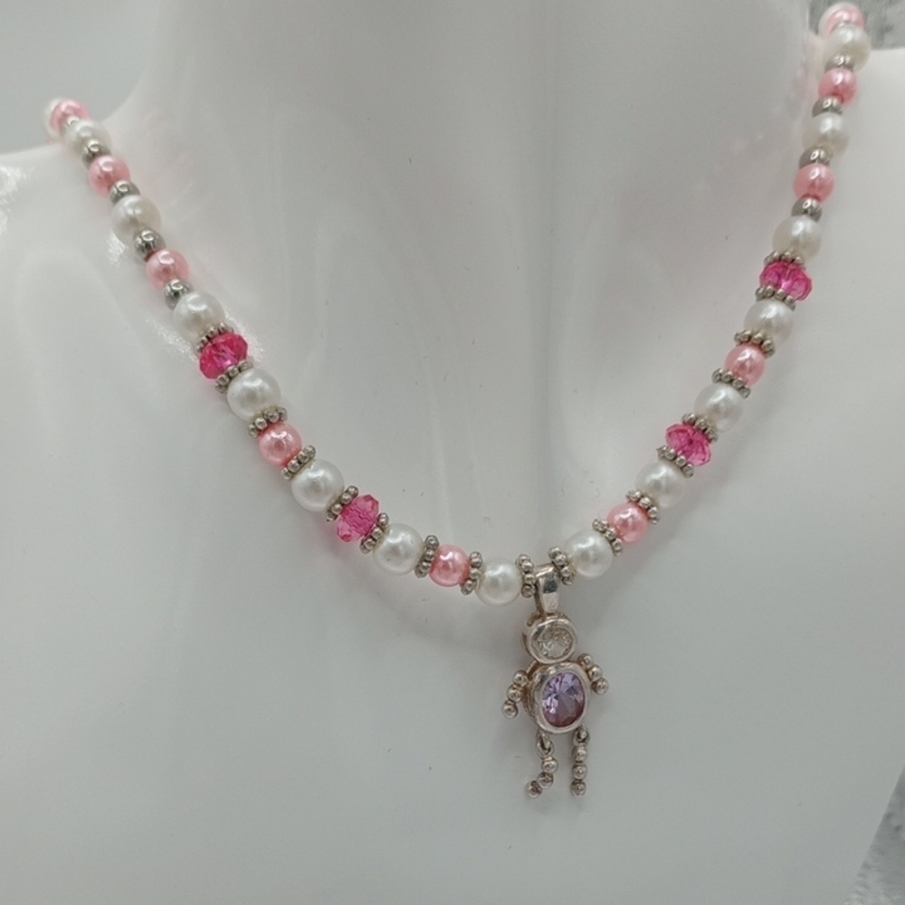 Elegant Pink and White Beaded Necklace 28 Inch Amythest Figure Person N317